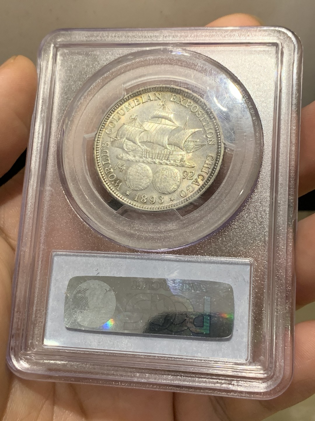 《竞宝斋》第169场-周日，周一2场 (全场包邮) PCGS-MS63 美国 1893年 哥伦布 50美分 半美元 带彩 老盒子严评