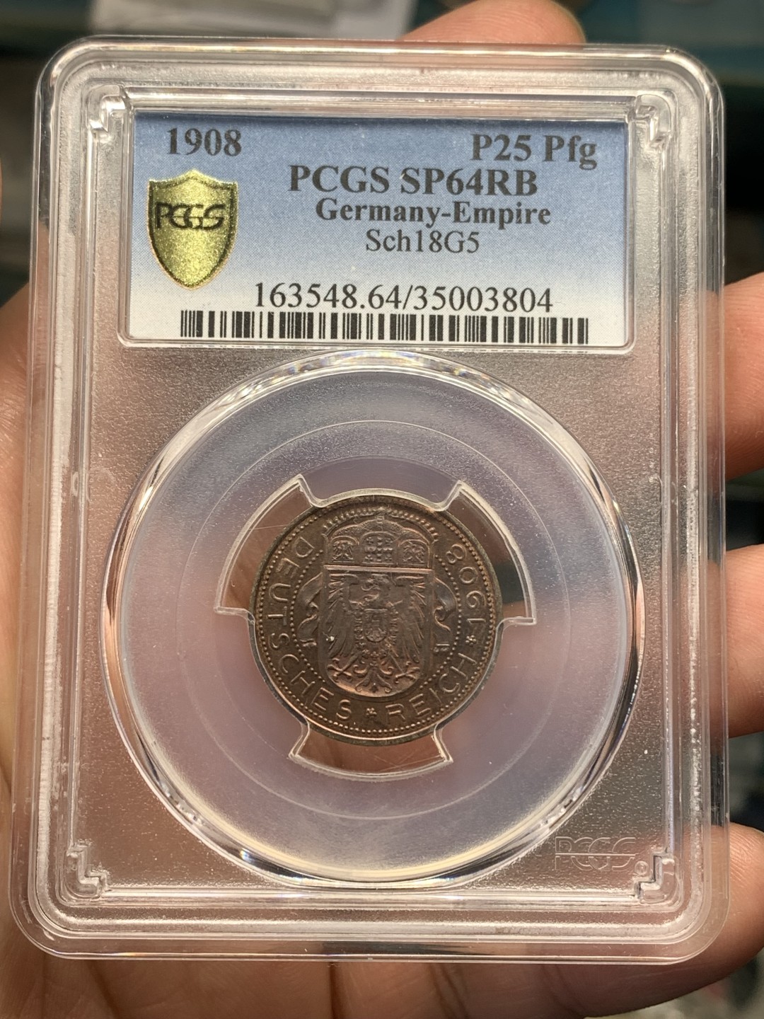 《竞宝斋》第169场-周日，周一2场 (全场包邮) PCGS-MS64 德国1908年 25芬尼 铜样币 少见品种