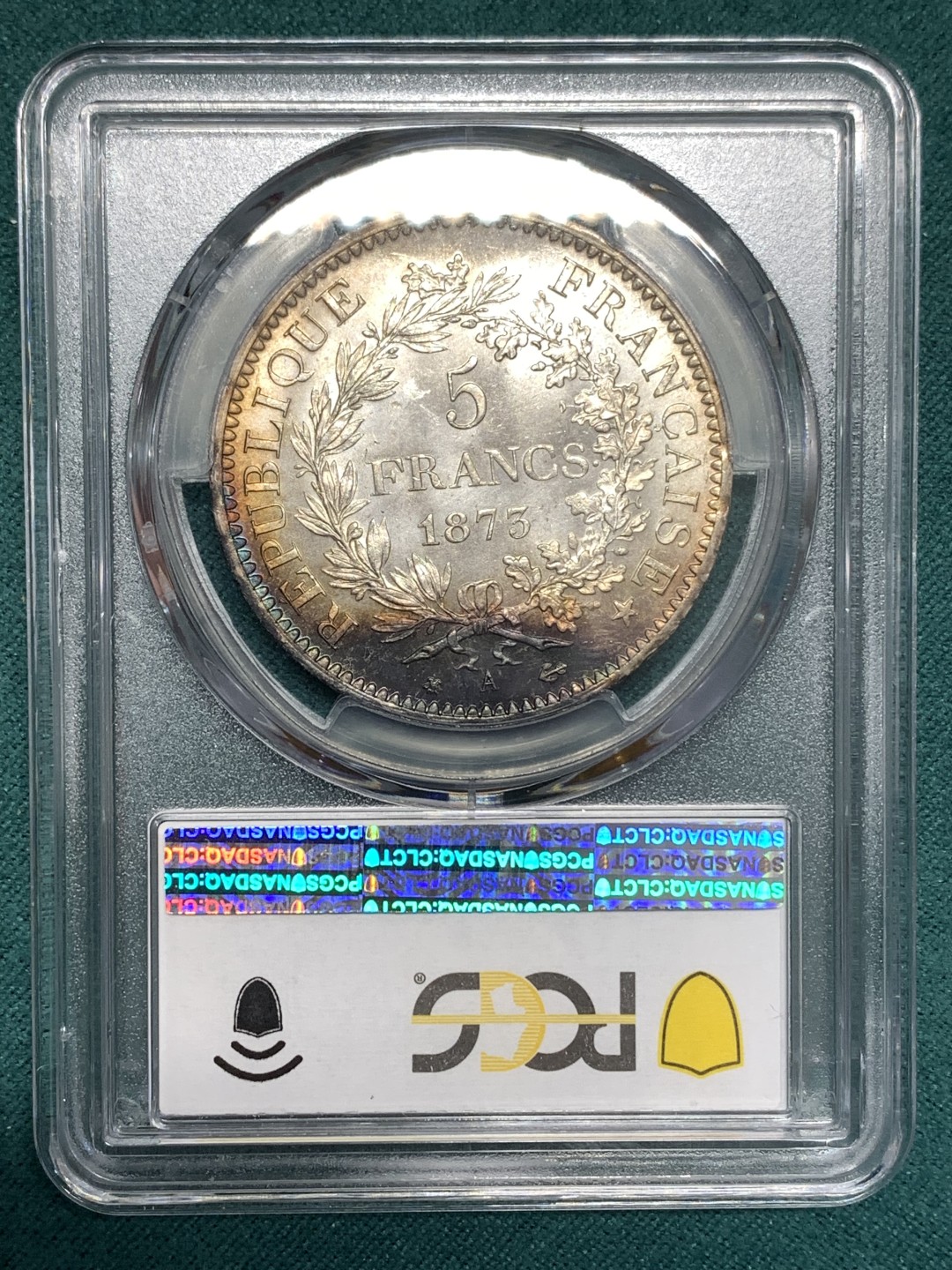 《竞宝斋》第169场-周日，周一2场 (全场包邮) PCGS MS65+ 法国 1875年 大力神 5法郎银币 底板丝滑 极美状态 发行量不足1873A的1/10