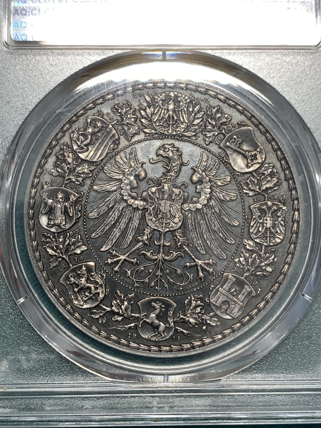《竞宝斋》第169场-周日，周一2场 (全场包邮) PCGS SP63 德国 1887法兰克福射击纪念银章深彩包浆 高度浮雕 非常的漂亮 难得状态