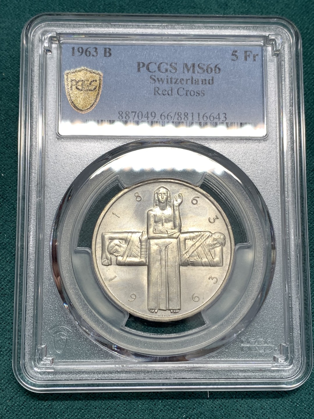 《竞宝斋》第169场-周日，周一2场 (全场包邮) PCGS MS66 瑞士 1963年 国际红十字会 100年 5法郎纪念银币