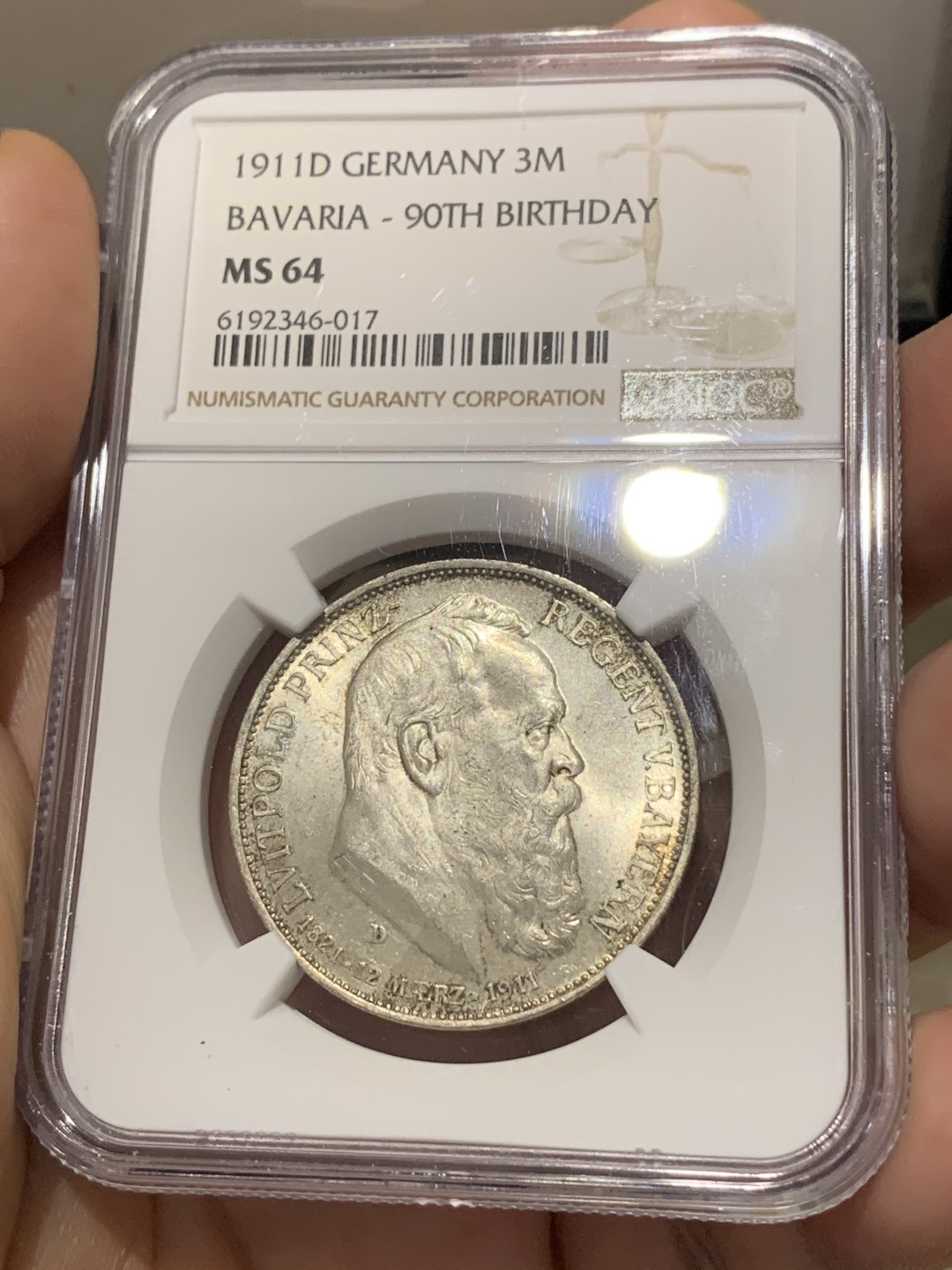 《竞宝斋》第169场-周日，周一2场 (全场包邮) NGC-MS64 德国 巴伐利亚 1911年 摄政王利奥波德 90大寿纪念 3马克银币 状态好