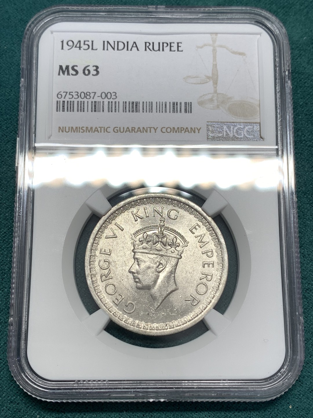 《竞宝斋》第169场-周日，周一2场 (全场包邮) NGC MS63 英属印度1945  乔治六世1卢比银币