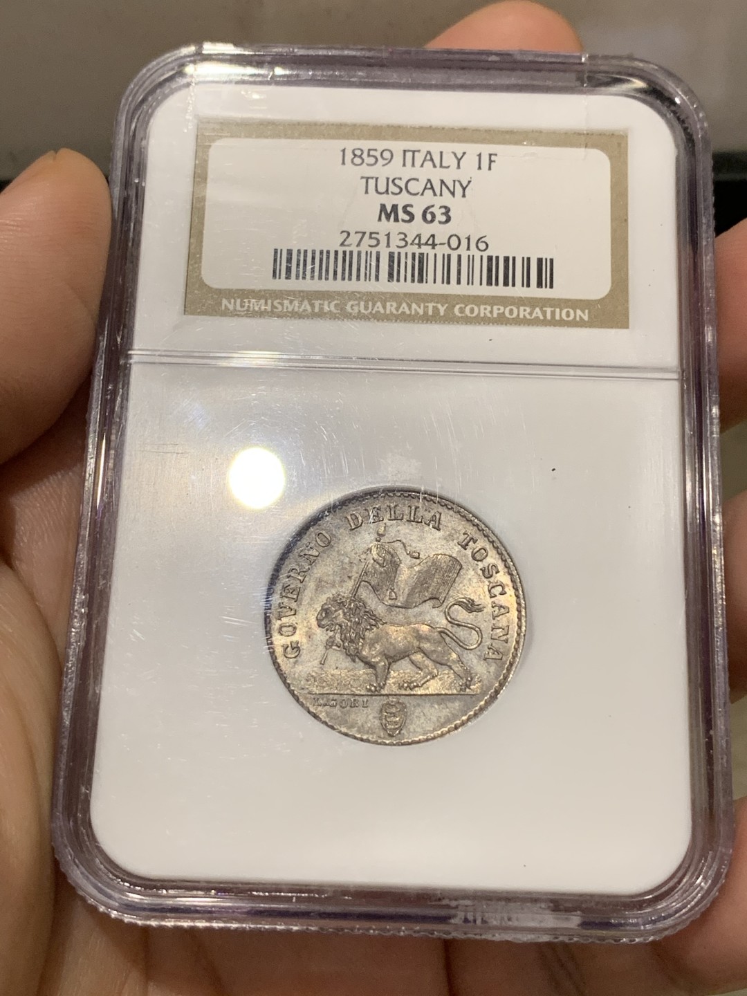 《竞宝斋》第169场-周日，周一2场 (全场包邮) NGC MS63 意大利1859托斯卡纳临时政府1弗洛林，单年版，临时政府发行的唯一银币。状态极佳带PL。From meduno collection