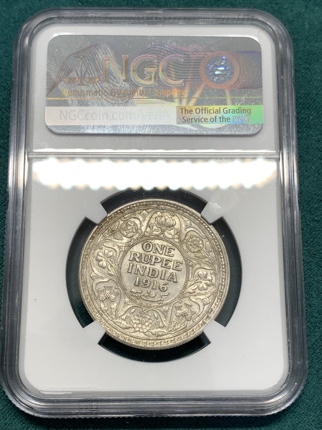 《竞宝斋》第169场-周日，周一2场 (全场包邮) NGC-MS61 英属印度 1916c 乔治五世1卢比银币  潜力品种