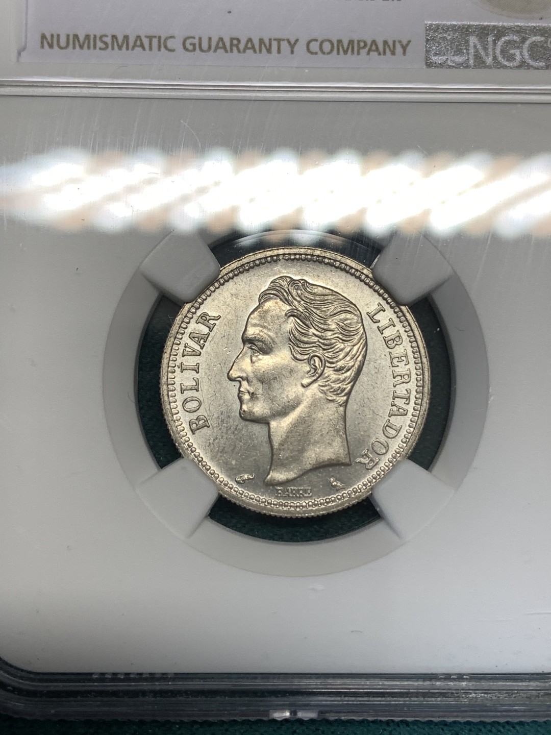 《竞宝斋》第169场-周日，周一2场 (全场包邮) NGC-MS62 委内瑞拉1954年 1玻利瓦尔银币 原光好品