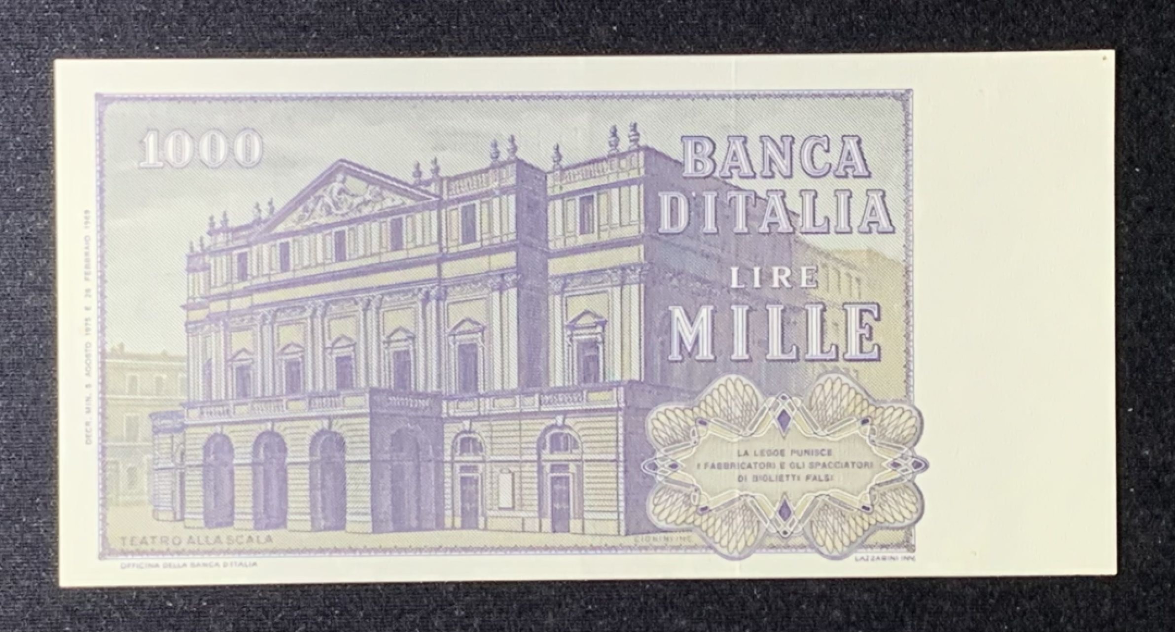 紫瑗钱币——第274期拍卖—纸币场 意大利 1975年 威尔第 1000里拉 红包折 UNC-
