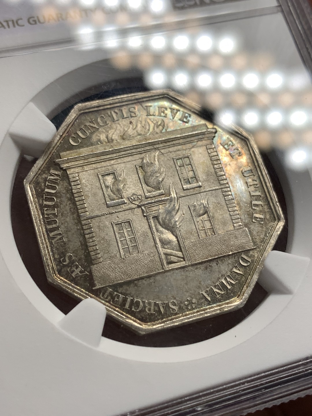 《竞宝斋》第169场-周日，周一2场 (全场包邮) NGC MS64 19世纪法国火灾保险公司八角银质代用币 早期蜜蜂边铭 顶级品相状态