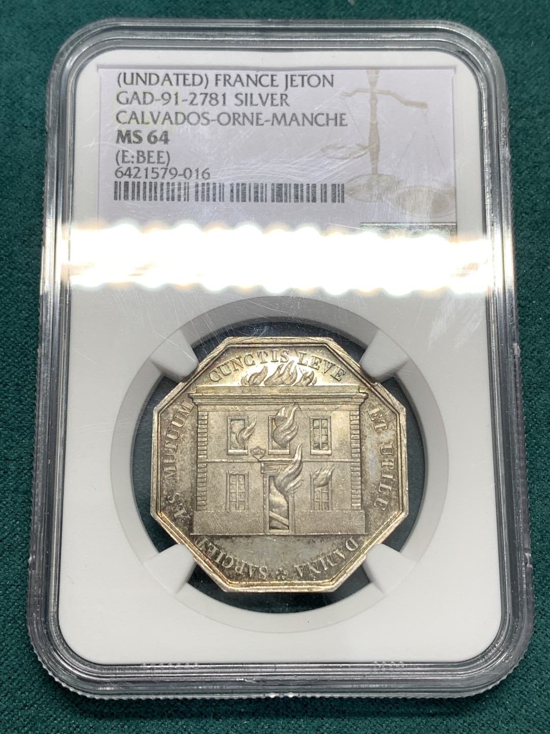 《竞宝斋》第169场-周日，周一2场 (全场包邮) NGC MS64 19世纪法国火灾保险公司八角银质代用币 早期蜜蜂边铭 顶级品相状态