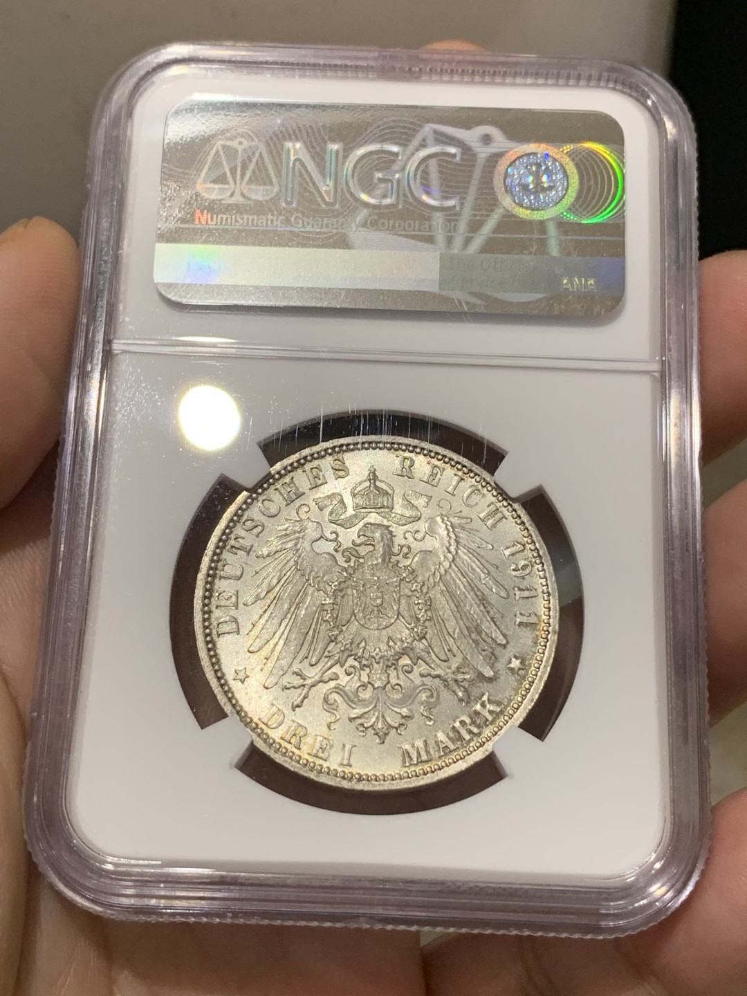 《竞宝斋》第169场-周日，周一2场 (全场包邮) NGC-MS64 德国 巴伐利亚 1911年 摄政王利奥波德 90大寿纪念 3马克银币 状态好