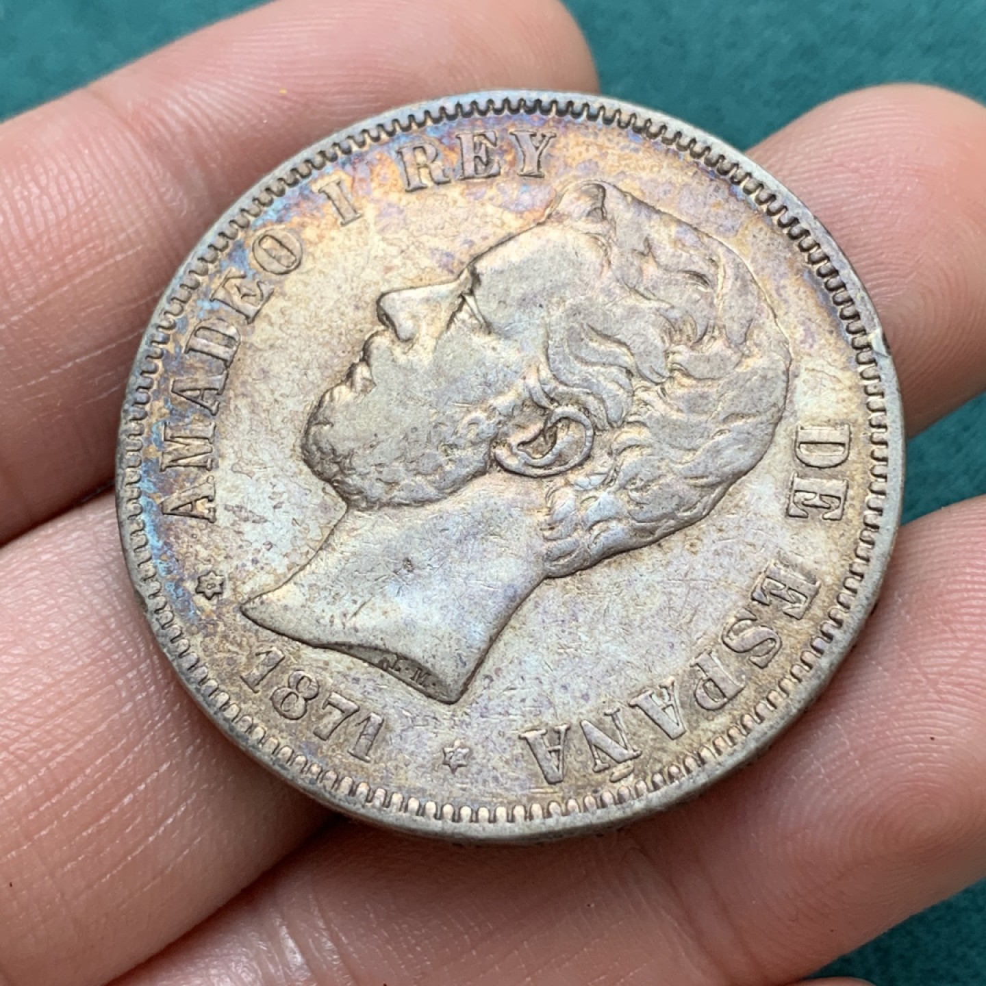 《竞宝斋》第169场-周日，周一2场 (全场包邮) 西班牙 1871年 5比塞塔 大银币 包浆不错