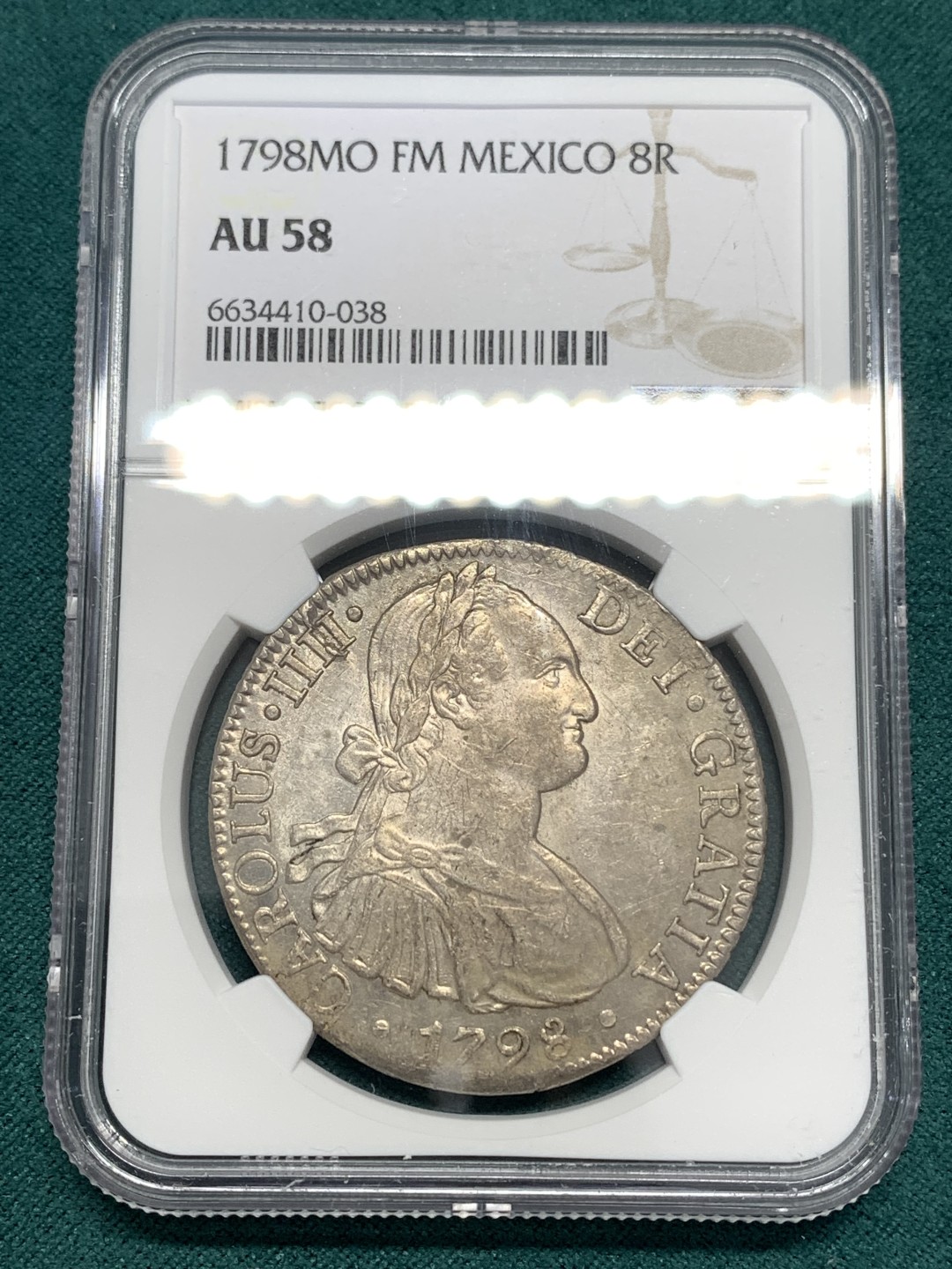 《竞宝斋》第169场-周日，周一2场 (全场包邮) NGC AU58 墨西哥 1798年 卡四 双柱 大银币 早期年份 双面深打 值得收藏