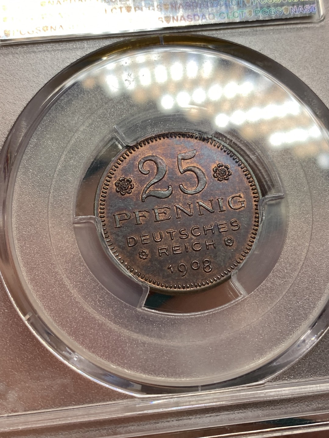 《竞宝斋》第169场-周日，周一2场 (全场包邮) PCGS-MS64 德国1908年 25芬尼 铜样币 少见品种