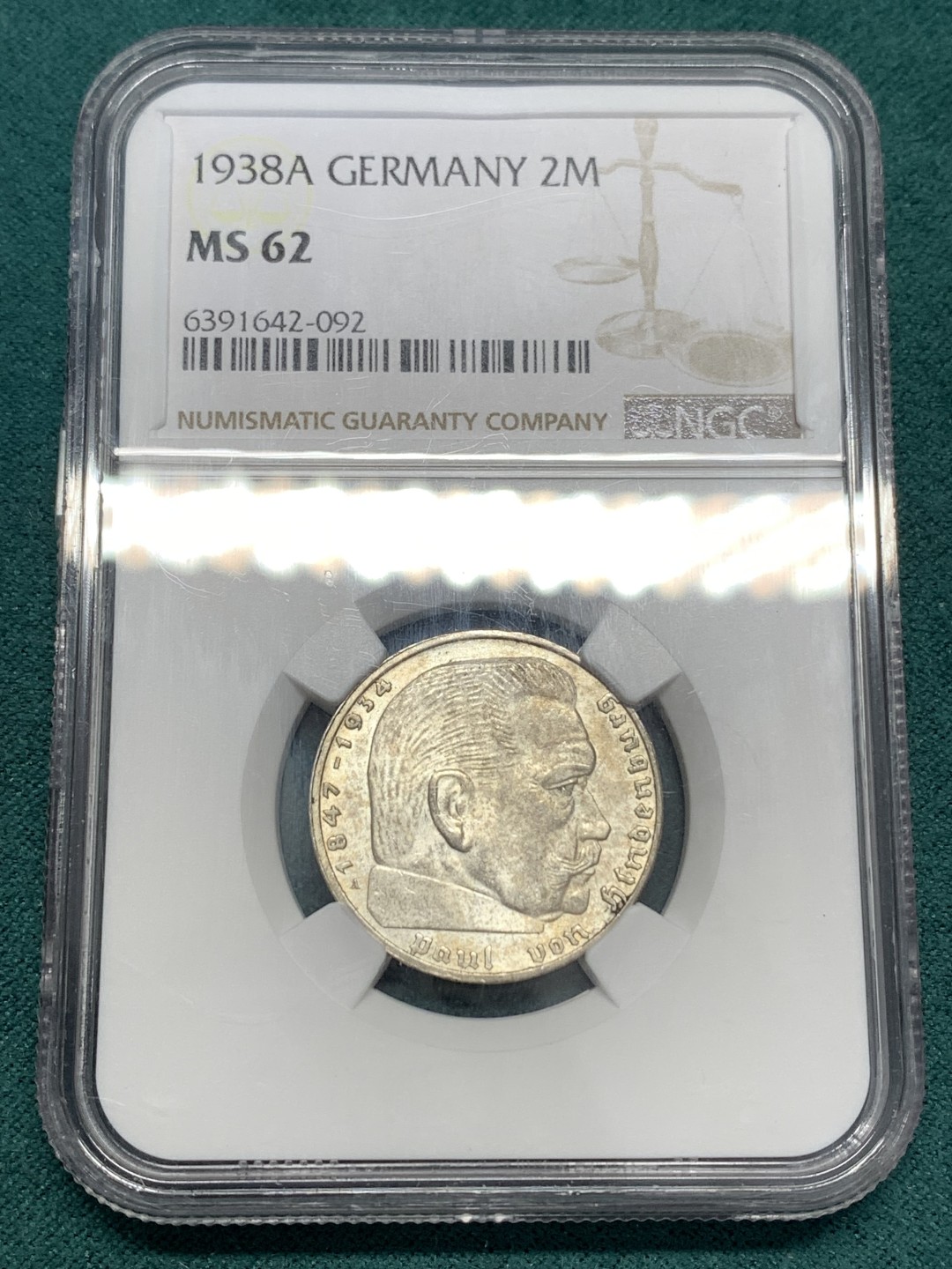 《竞宝斋》第169场-周日，周一2场 (全场包邮) NGC-MS62 德国 1938年 兴登堡  2马克 银币