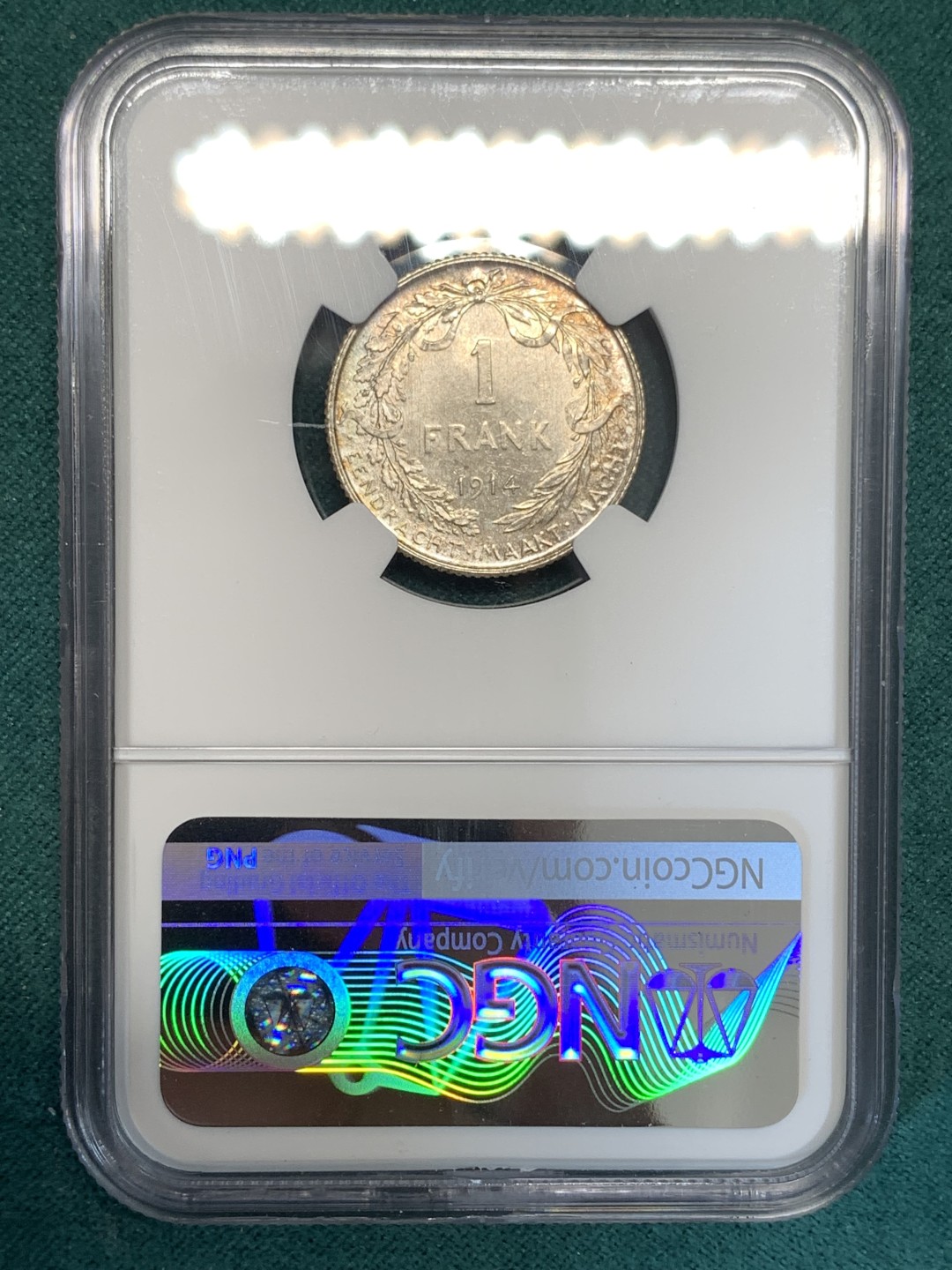 《竞宝斋》第169场-周日，周一2场 (全场包邮) NGC-MS64 比利时1914年 埃尔佩托 1法郎银币 淡彩好品
