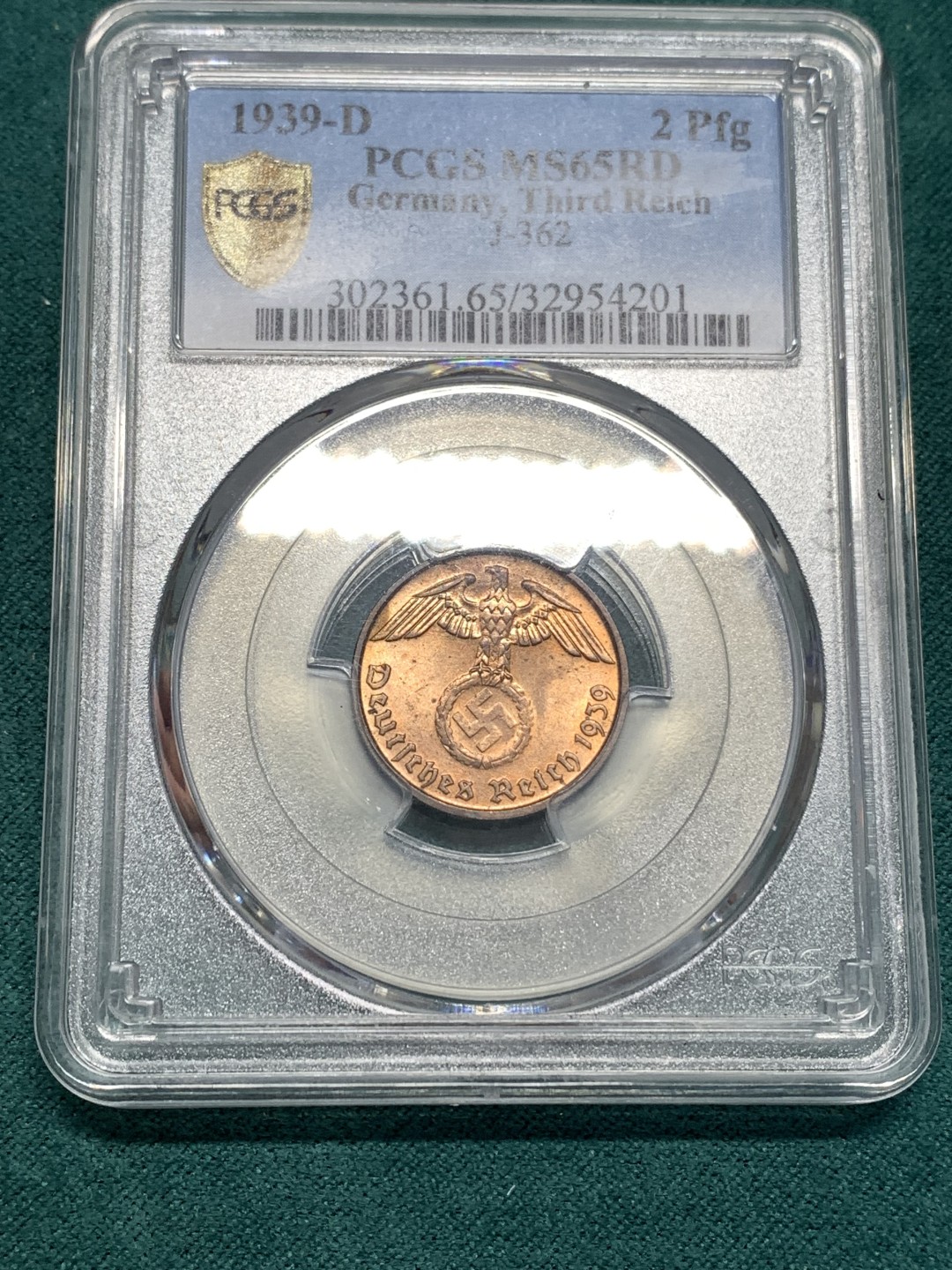 《竞宝斋》第169场-周日，周一2场 (全场包邮) PCGS MS65RD 德国1939年2芬尼 高分原光铜币，难在RD