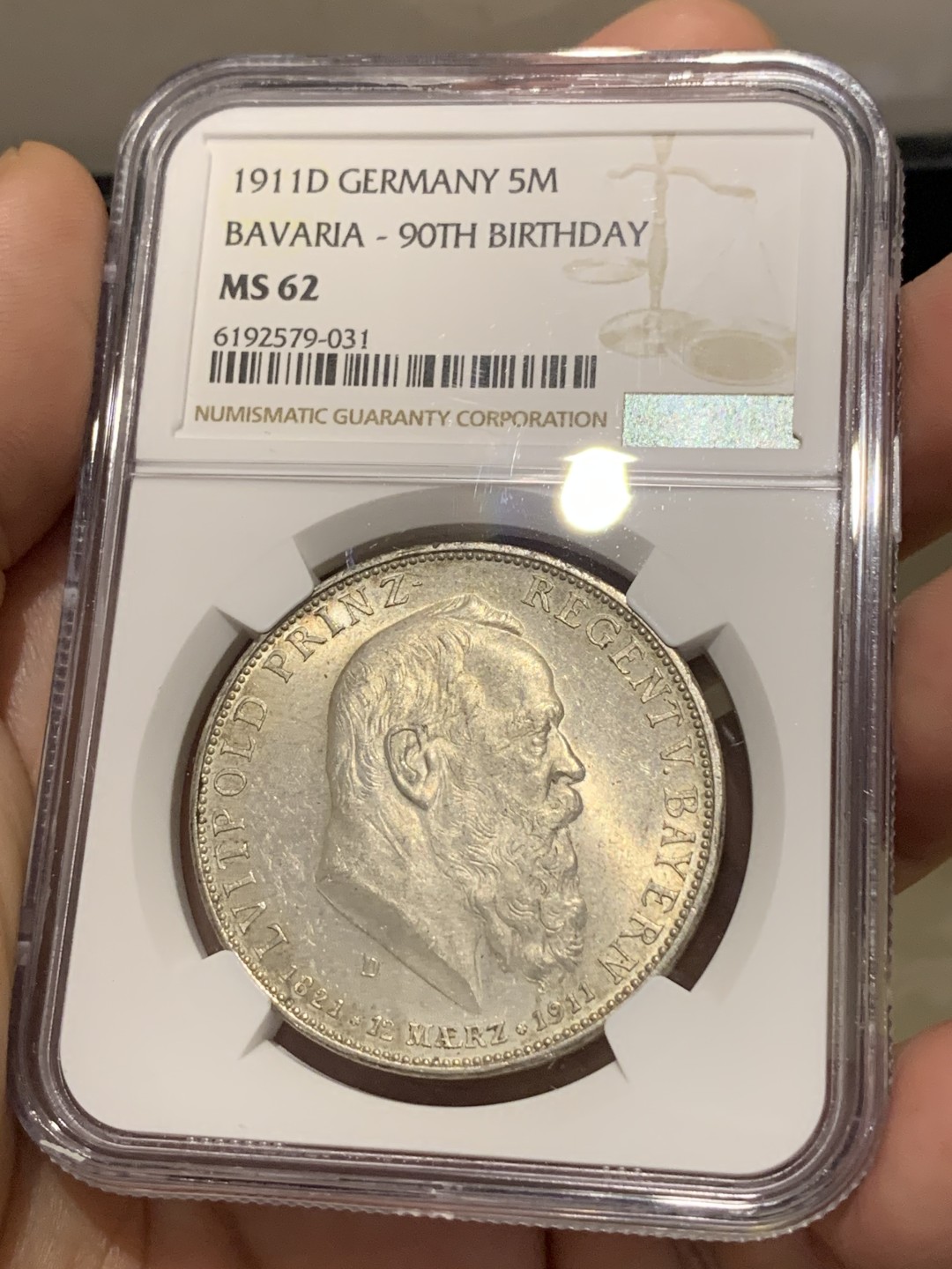 《竞宝斋》第169场-周日，周一2场 (全场包邮) NGC-MS62 德国 巴伐利亚 1911年 摄政王利奥波德 90大寿纪念 5马克银币 状态好