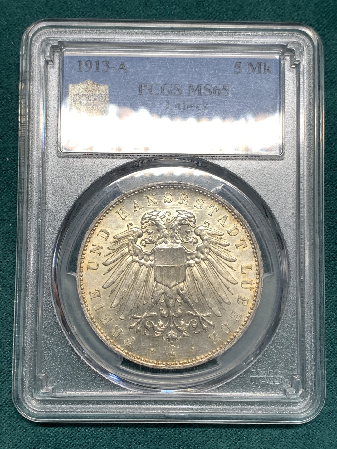 《竞宝斋》第169场-周日，周一2场 (全场包邮) PCGS MS65  德国 1913年 汉堡自由市 吕贝克 5马克 双头鹰银币 6000枚的发行量  难得品种
