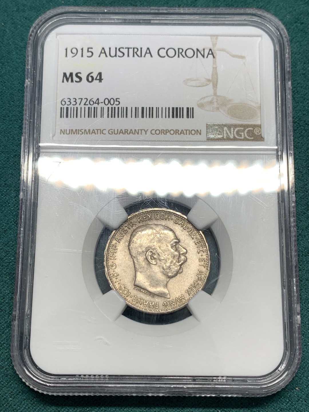 《竞宝斋》第169场-周日，周一2场 (全场包邮) NGC-MS64 奥地利 1915年 1克朗 科罗娜 银币 黄油彩