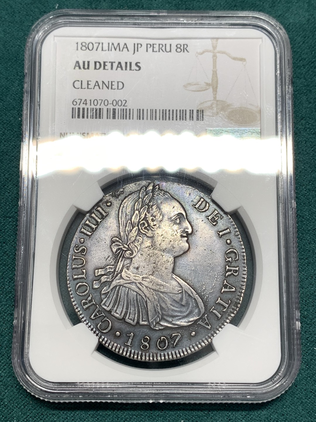 《竞宝斋》第169场-周日，周一2场 (全场包邮) NGC-AUD 秘鲁 1807年卡洛斯四世双柱银币 双面深打 细节很好