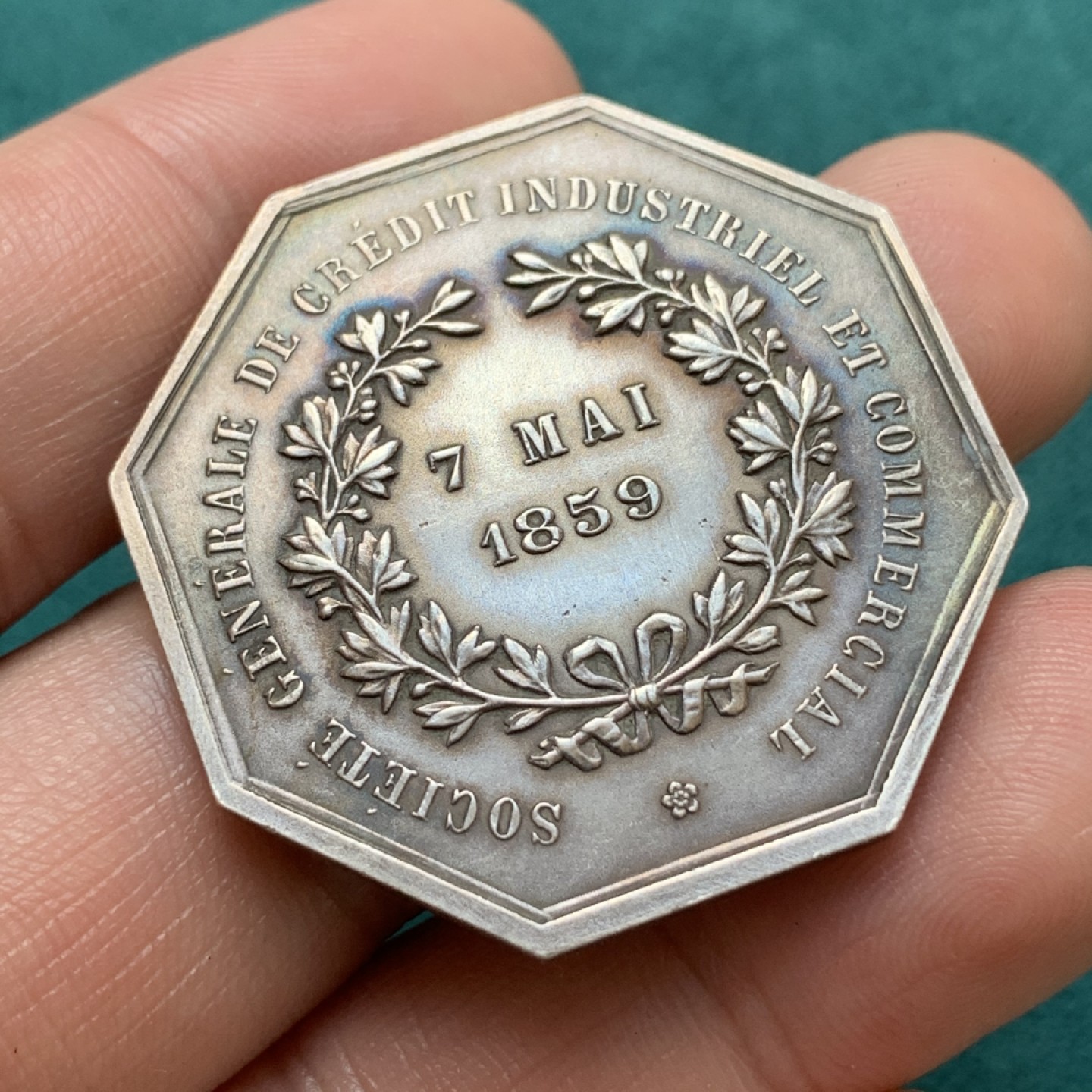 《竞宝斋》第169场-周日，周一2场 (全场包邮) 法国 通用工商信贷协会 银质八角代币 21.2克 37mm对边直径 丰饶角边铭