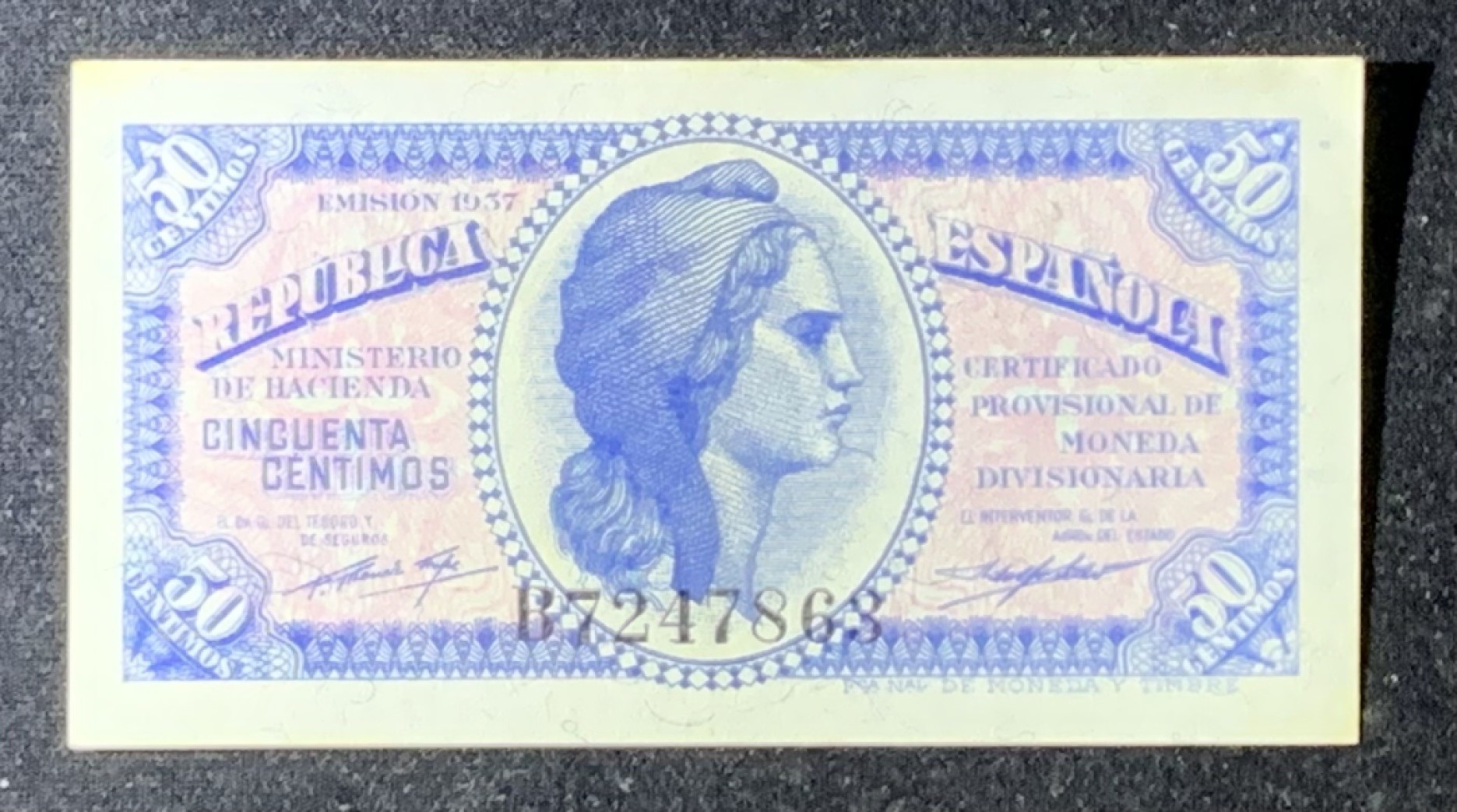 紫瑗钱币——第274期拍卖—纸币场 西班牙 1937年 第二共和国 财政部 50分 UNC