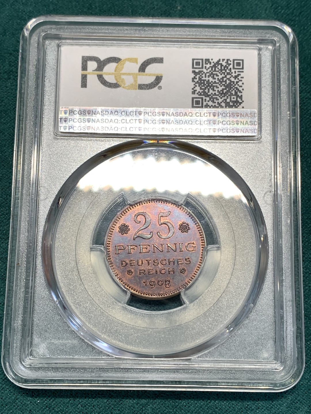 《竞宝斋》第169场-周日，周一2场 (全场包邮) PCGS-MS64 德国1908年 25芬尼 铜样币 少见品种
