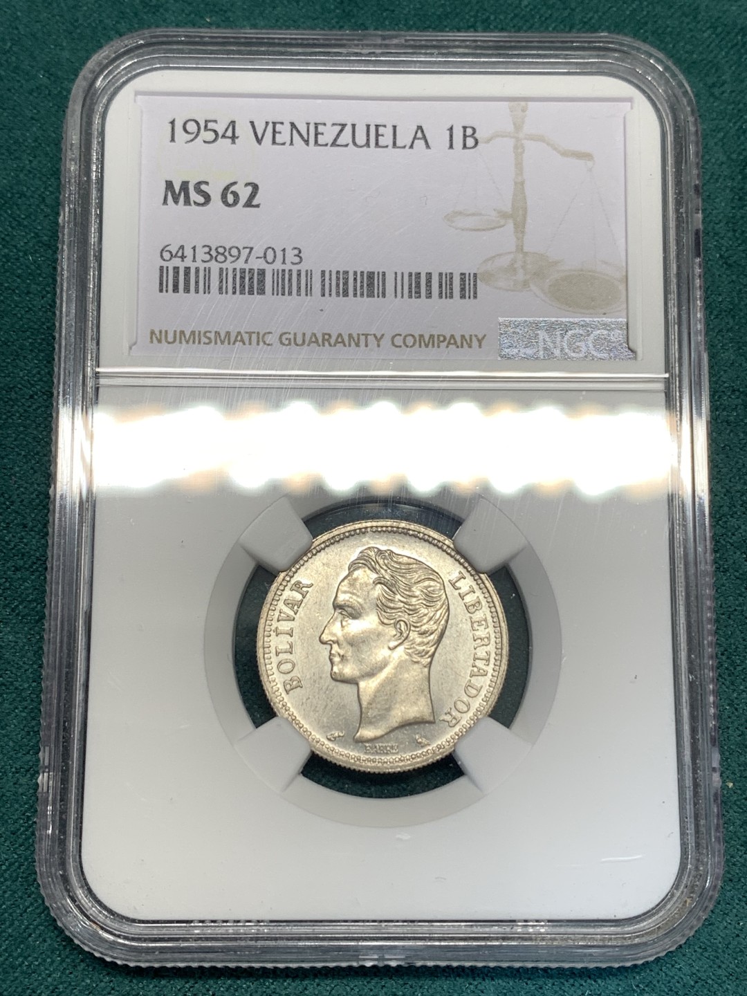 《竞宝斋》第169场-周日，周一2场 (全场包邮) NGC-MS62 委内瑞拉1954年 1玻利瓦尔银币 原光好品