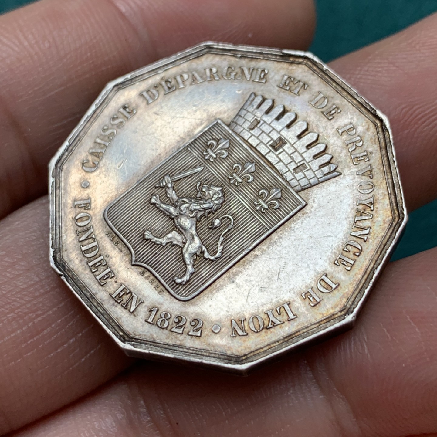 《竞宝斋》第169场-周日，周一2场 (全场包邮) 法国十角银质代币，里昂储蓄和普罗维登斯储蓄银行，16.66g，32.7mm，丰饶角边铭，少见品种