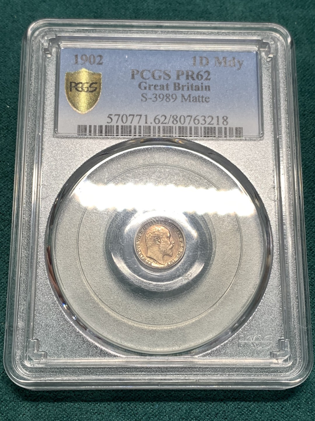《竞宝斋》第169场-周日，周一2场 (全场包邮) PCGS PR62 英国1902年爱七 1便士银币 这个是精制套里的， 玫瑰金包浆