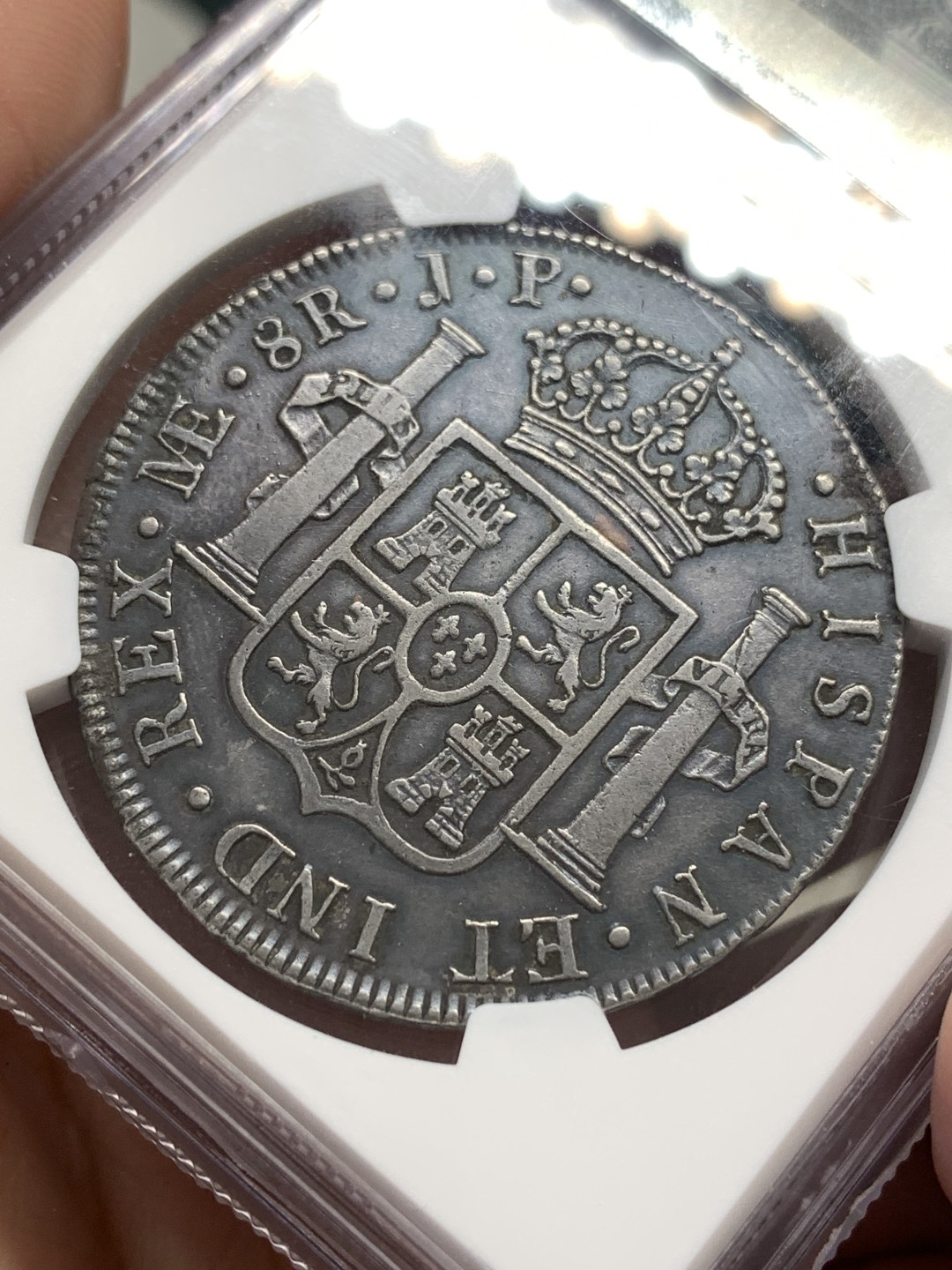 《竞宝斋》第169场-周日，周一2场 (全场包邮) NGC-AUD 秘鲁 1807年卡洛斯四世双柱银币 双面深打 细节很好