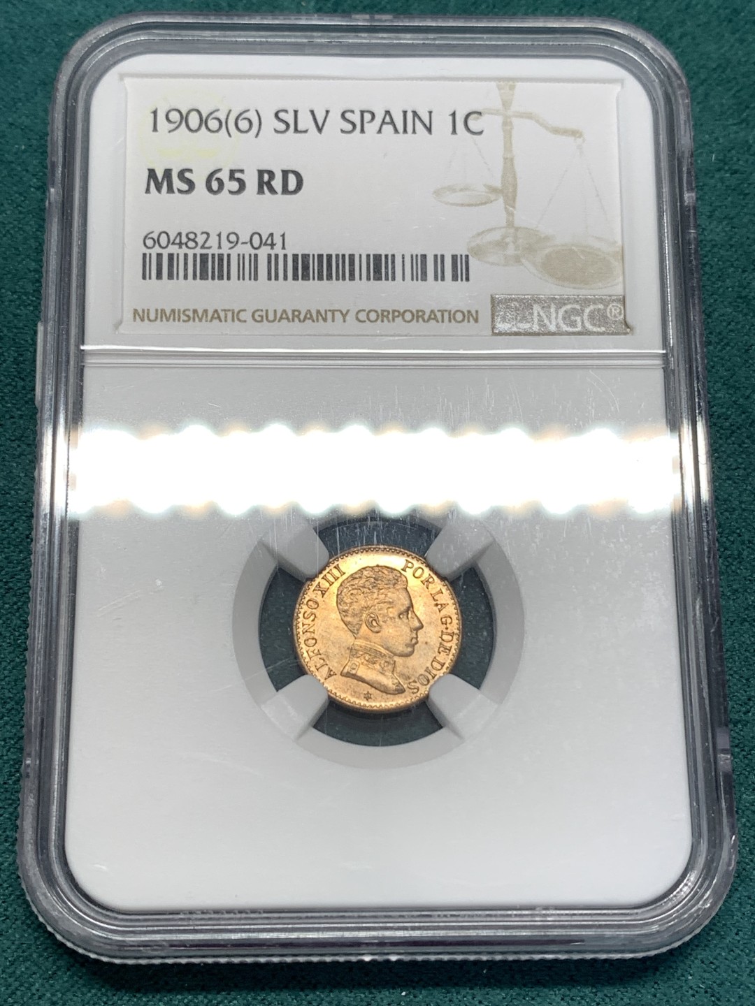 《竞宝斋》第169场-周日，周一2场 (全场包邮) NGC MS65RD 西班牙1906 阿方索十三世1分铜币 完美品相