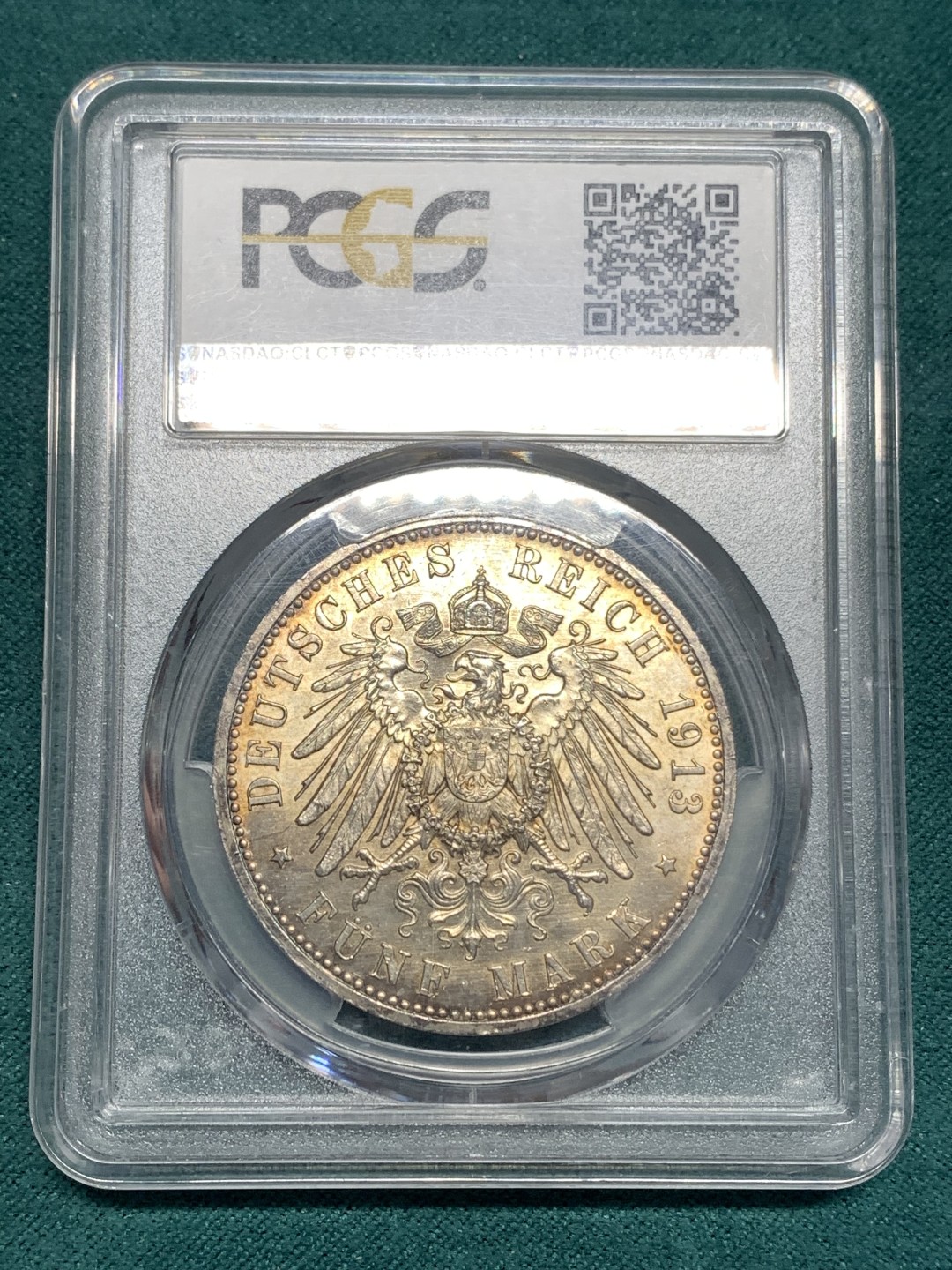 《竞宝斋》第169场-周日，周一2场 (全场包邮) PCGS MS65  德国 1913年 汉堡自由市 吕贝克 5马克 双头鹰银币 6000枚的发行量  难得品种