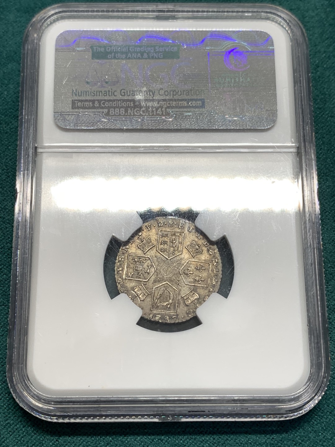 《竞宝斋》第169场-周日，周一2场 (全场包邮) NGC-MS62 英国1787年 乔三 6便士银币 深彩包浆 难得