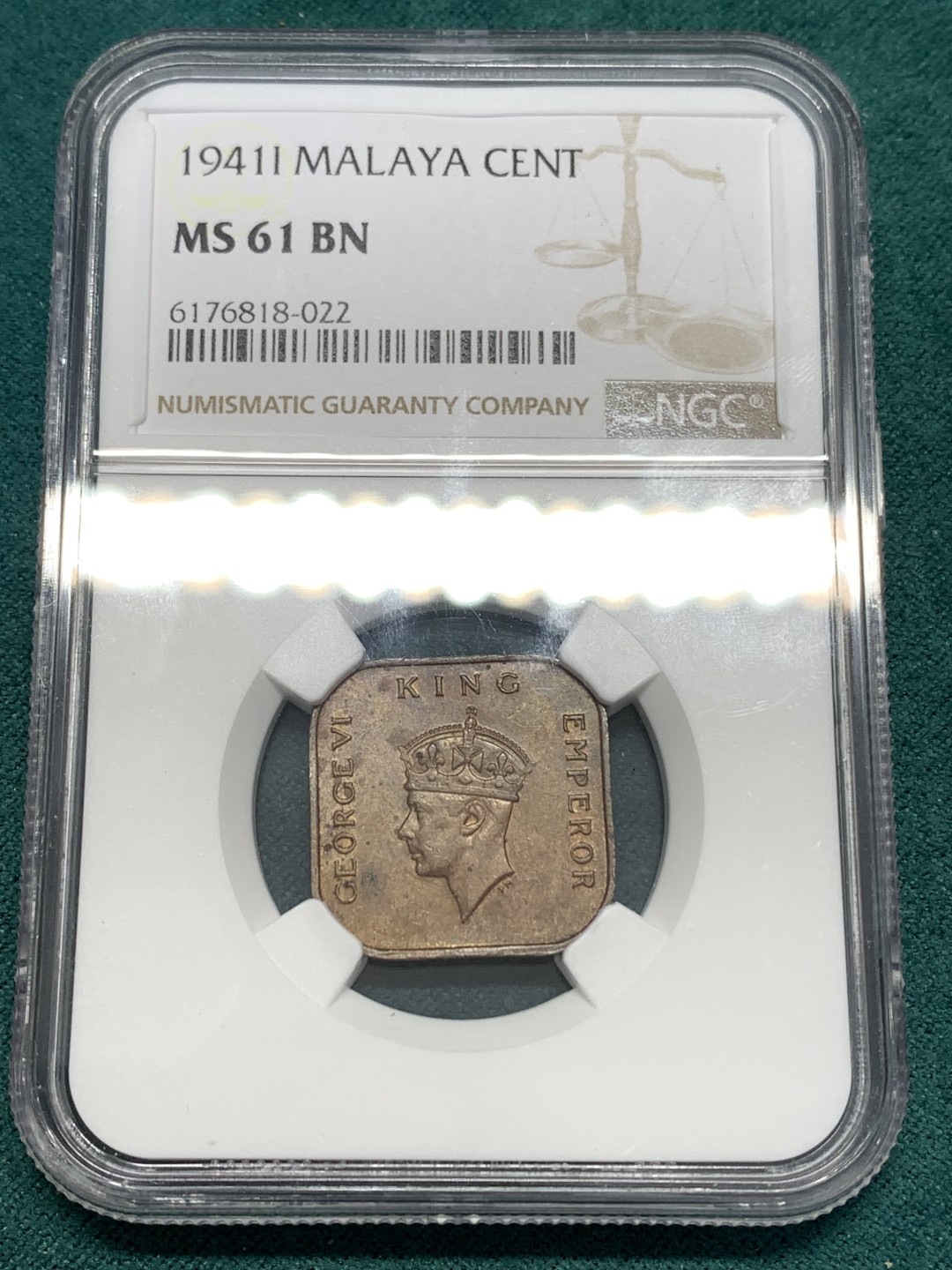 《竞宝斋》第169场-周日，周一2场 (全场包邮) NGC MS61BN 1941 英属马来亚大版1分 铜币