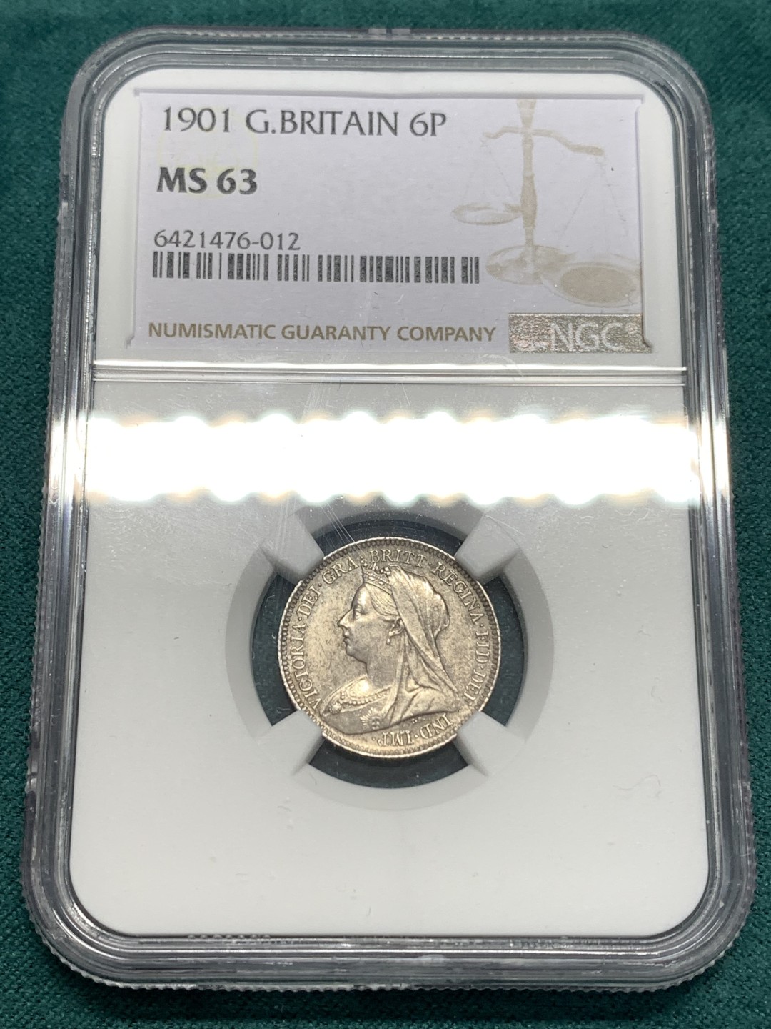 《竞宝斋》第169场-周日，周一2场 (全场包邮) NGC-MS63 英国1901年老维披纱6便士银币 包浆醇厚