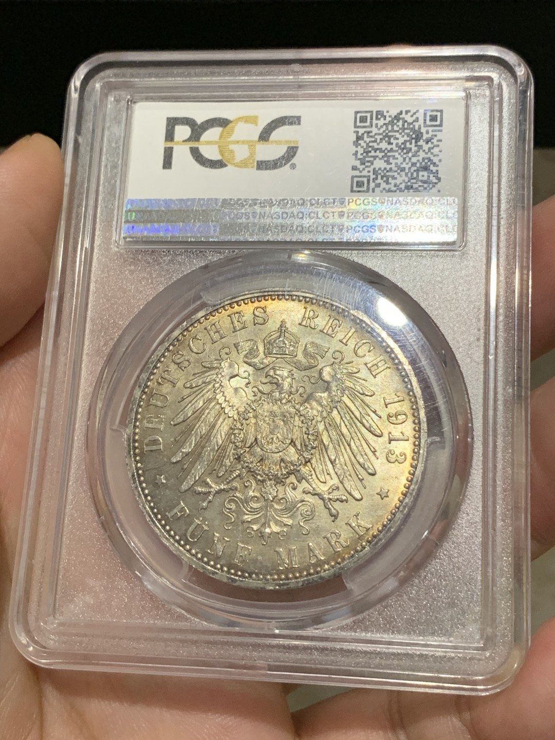 《竞宝斋》第169场-周日，周一2场 (全场包邮) PCGS MS65  德国 1913年 汉堡自由市 吕贝克 5马克 双头鹰银币 6000枚的发行量  难得品种