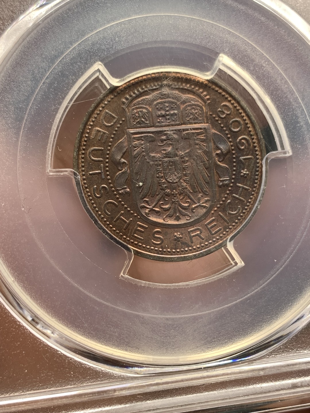 《竞宝斋》第169场-周日，周一2场 (全场包邮) PCGS-MS64 德国1908年 25芬尼 铜样币 少见品种