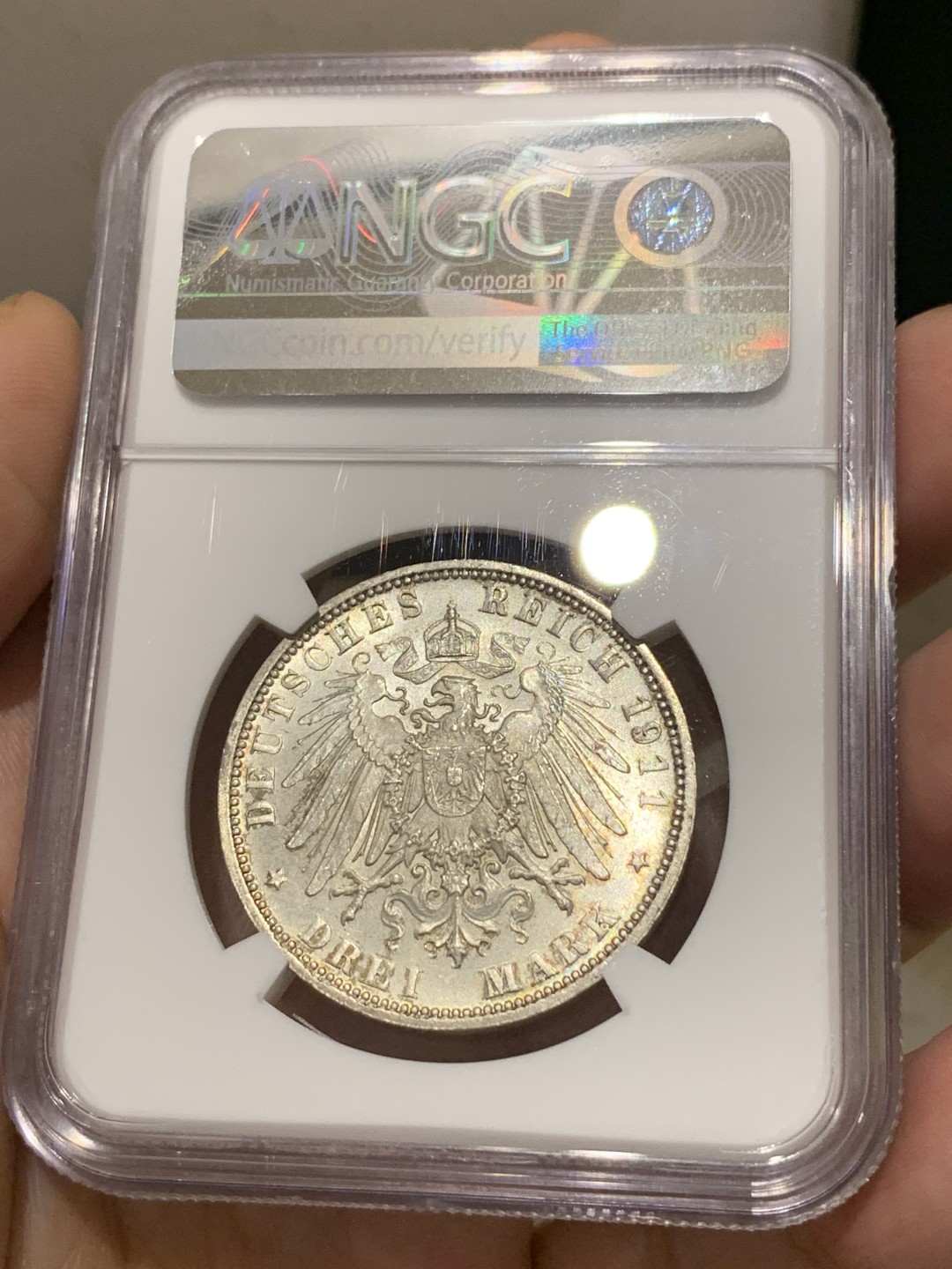 《竞宝斋》第169场-周日，周一2场 (全场包邮) NGC-MS64 德国 巴伐利亚 1911年 摄政王利奥波德 90大寿纪念 3马克银币 状态好