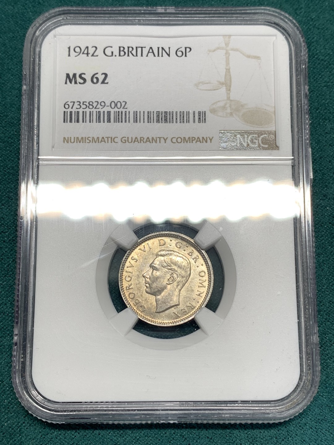 《竞宝斋》第169场-周日，周一2场 (全场包邮) NGC-MS62 英国1942年 乔六6便士 原光好品