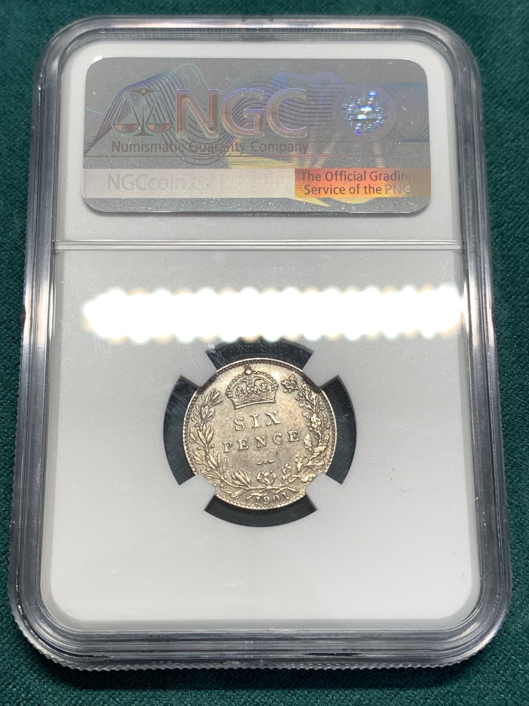 《竞宝斋》第169场-周日，周一2场 (全场包邮) NGC-MS63 英国1901年老维披纱6便士银币 包浆醇厚