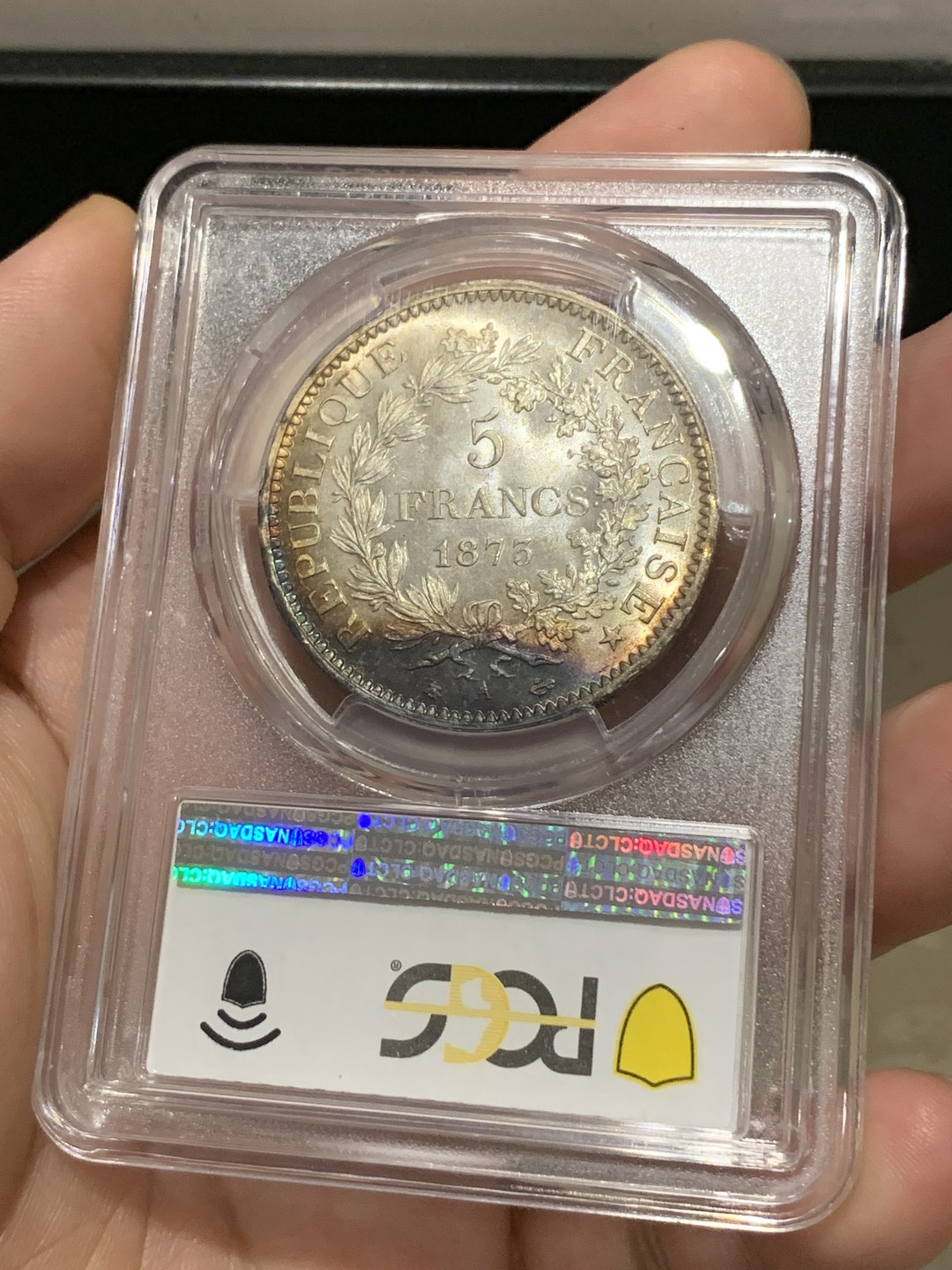 《竞宝斋》第169场-周日，周一2场 (全场包邮) PCGS MS65+ 法国 1875年 大力神 5法郎银币 底板丝滑 极美状态 发行量不足1873A的1/10