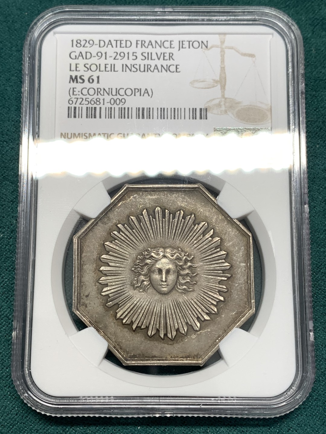 《竞宝斋》第169场-周日，周一2场 (全场包邮) NGC-MS61 法国 1829 太阳保险八角银质代币