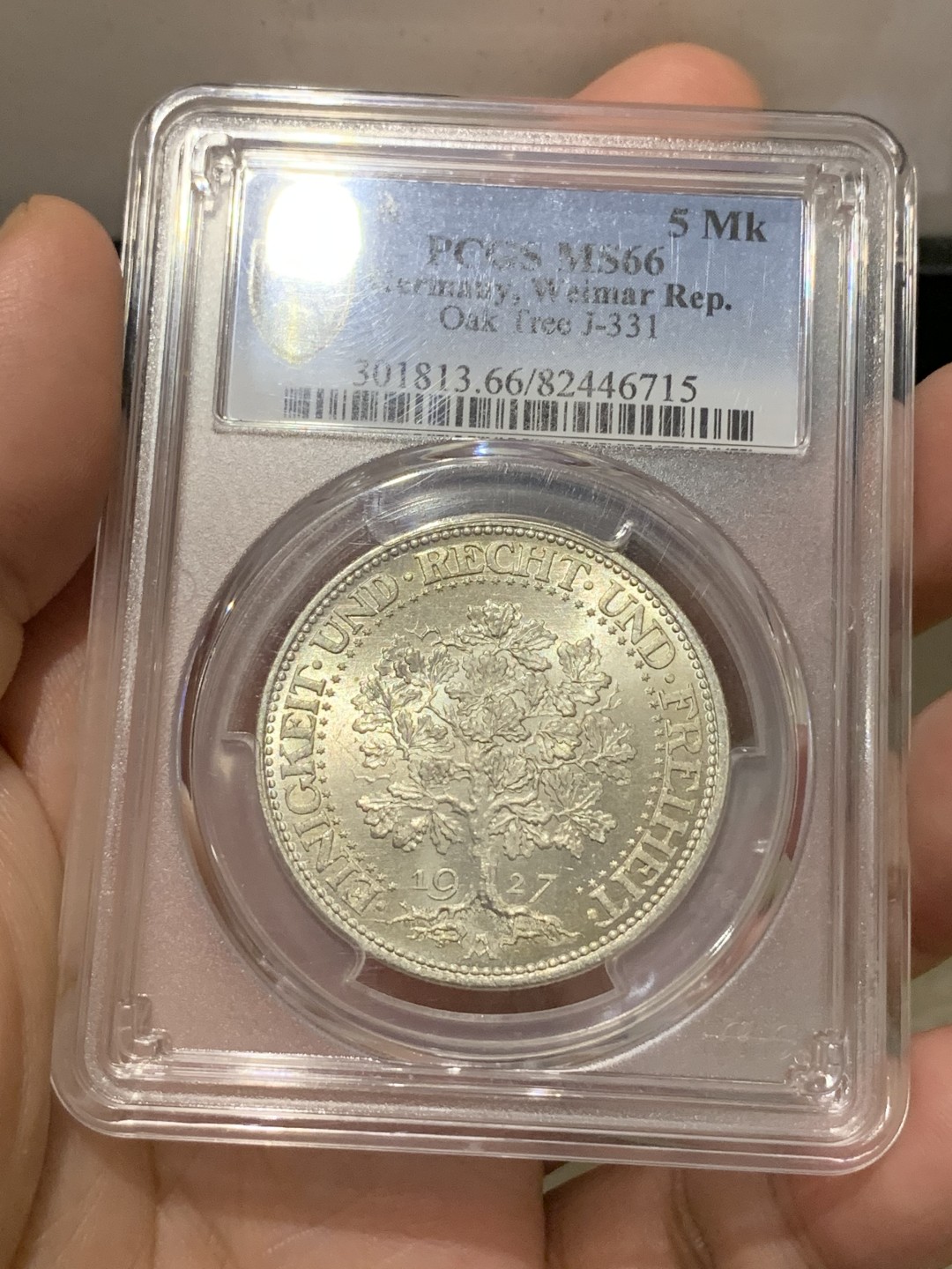 《竞宝斋》第169场-周日，周一2场 (全场包邮) PCGS-MS66 德国魏玛共和国1927年橡树5马克纪念银币 高分名誉品 一步到位终身收藏
