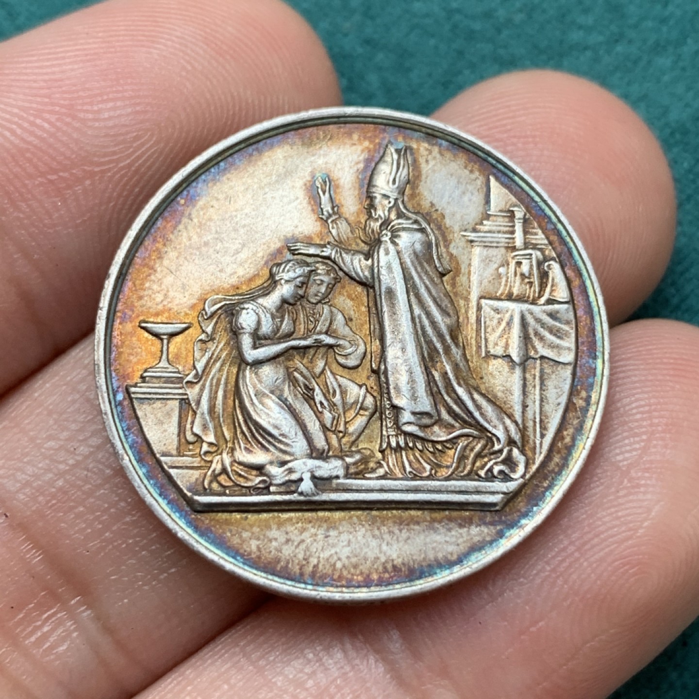 《竞宝斋》第169场-周日，周一2场 (全场包邮) 法国结婚小银章，蜜蜂边铭，直径27.5mm，重量9.82g