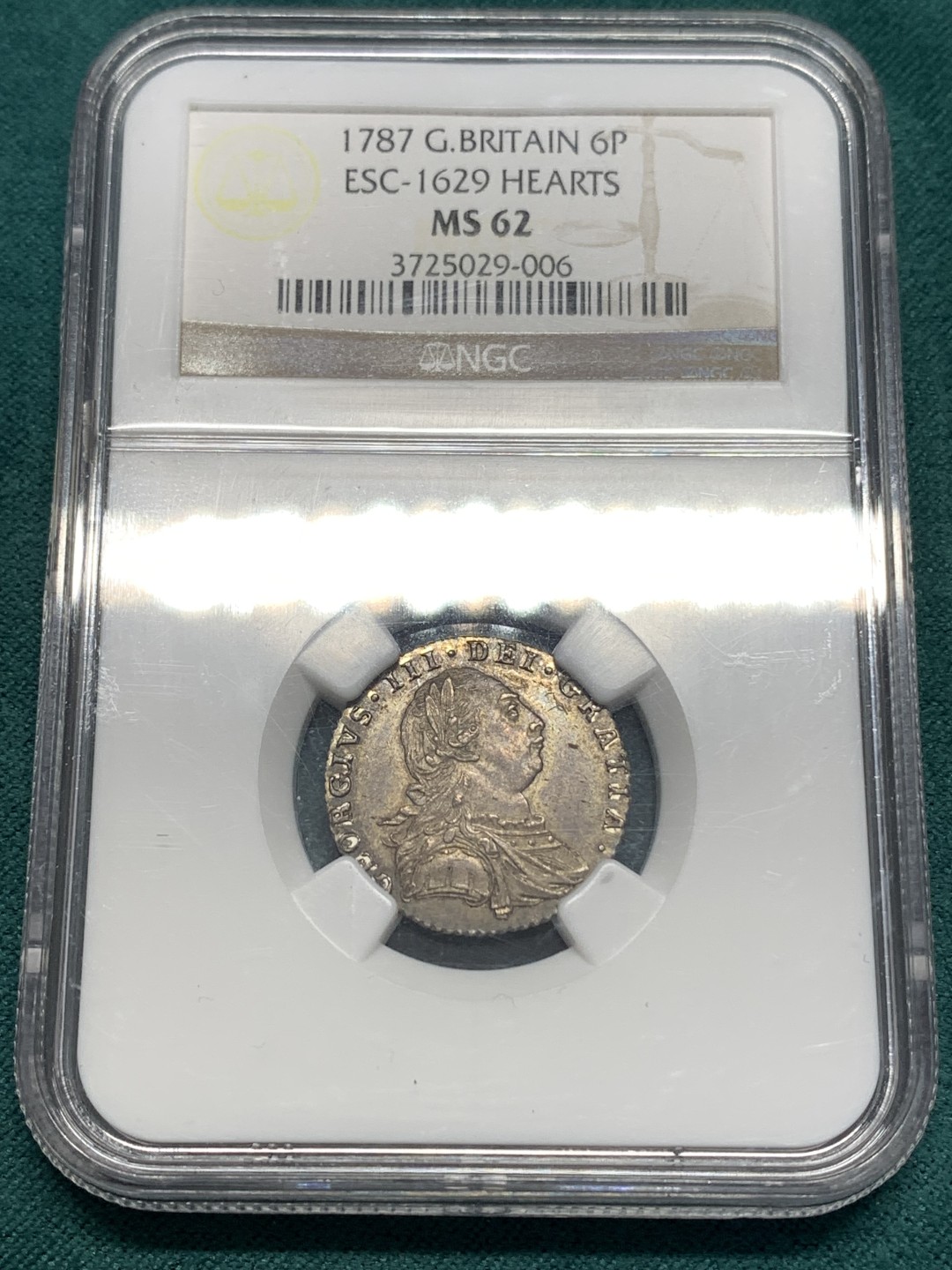 《竞宝斋》第169场-周日，周一2场 (全场包邮) NGC-MS62 英国1787年 乔三 6便士银币 深彩包浆 难得