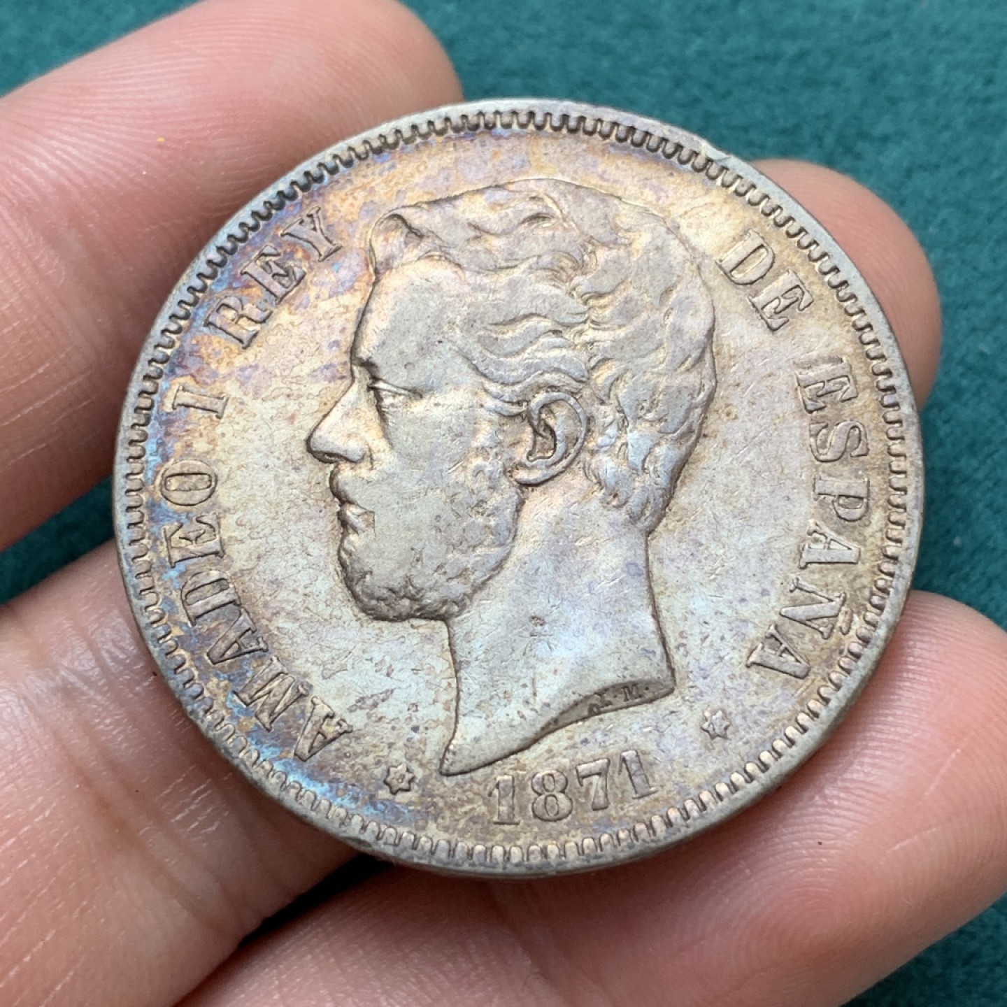 《竞宝斋》第169场-周日，周一2场 (全场包邮) 西班牙 1871年 5比塞塔 大银币 包浆不错