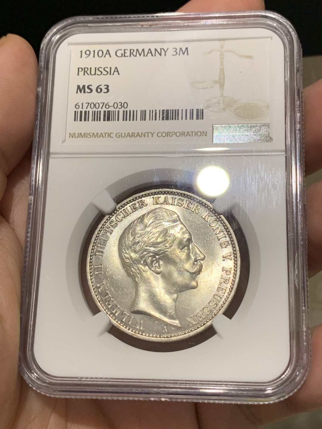 《竞宝斋》第169场-周日，周一2场 (全场包邮) NGC MS63 德国普鲁士 1910年威廉二世 3马克银币 流通币 难得