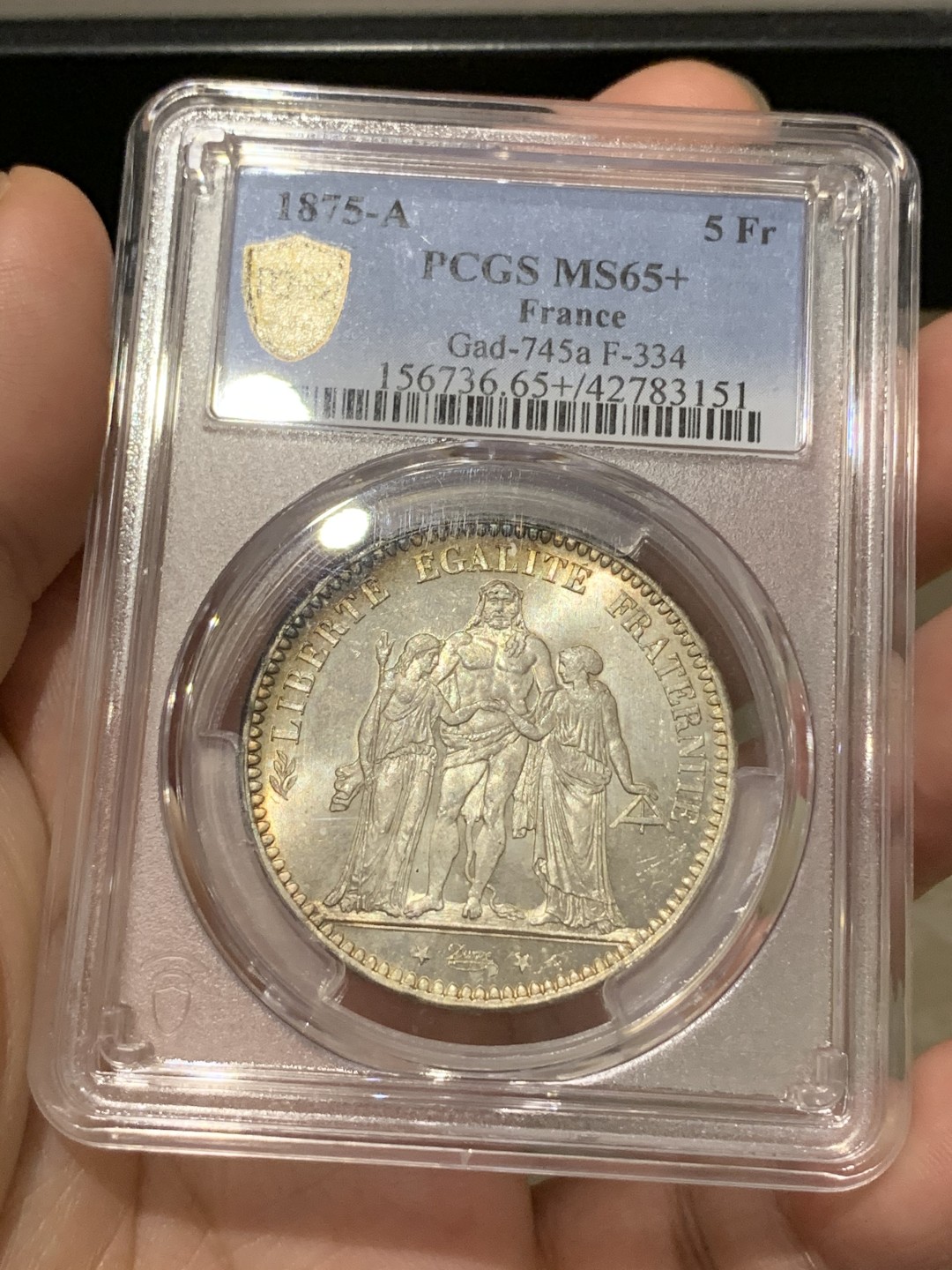 《竞宝斋》第169场-周日，周一2场 (全场包邮) PCGS MS65+ 法国 1875年 大力神 5法郎银币 底板丝滑 极美状态 发行量不足1873A的1/10