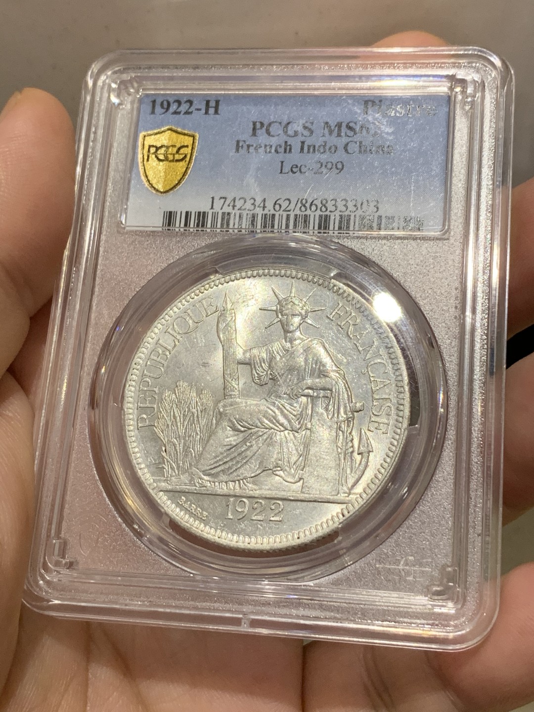 《竞宝斋》第169场-周日，周一2场 (全场包邮) PCGS MS62 法属印支 1922年H版 1p 坐洋大银币 极美底板 人物清晰